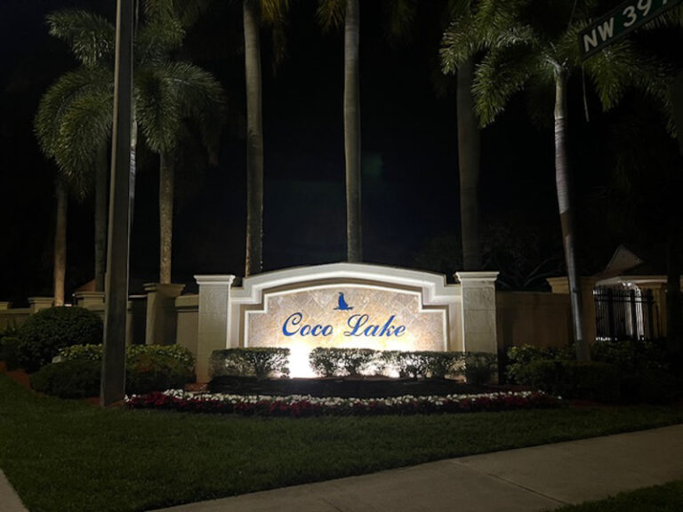 landscape lighting on community living sign